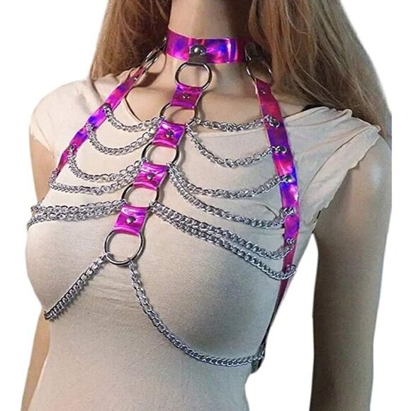 Pink Hologram Body Chest Harness Cage Bra Choker Chain Costume Pasties Festival - Picture 6 of 8